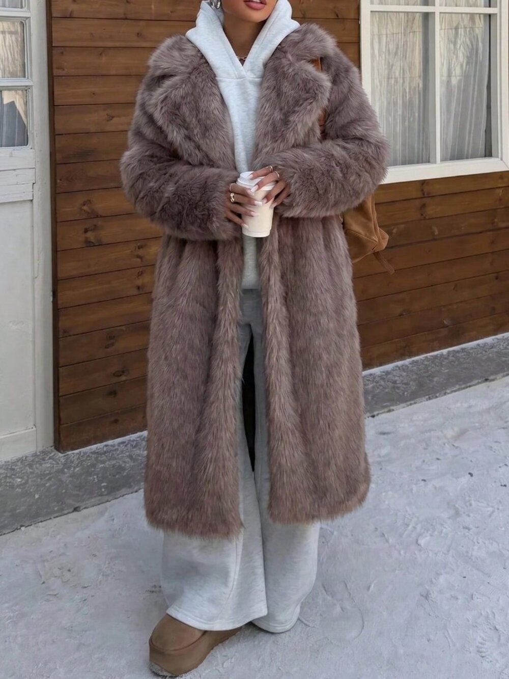 Grey Casual Women's Faux Fur Long Loose Jacket